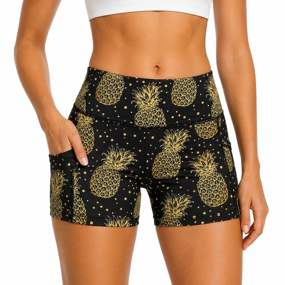 CVG Constantly Varied Gear Pineapple 3" Workout Shorts Pockets Black Gold L